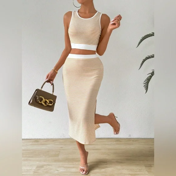 2 Piece Casual Striped Tank and Skirt Set light yellow - Picture 2 of 3